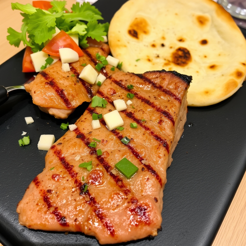 Grillierte Fleischspieße mit Salat und Naanbrot auf einem schwarzen Teller.