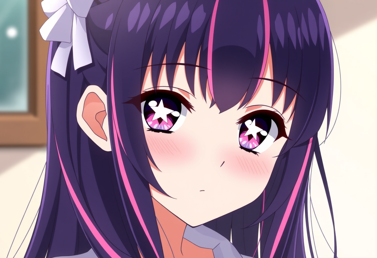 A beautiful young girl with dark purple and pink-colored eyes with white shiny six-star pupils. She has indigo and purplish long hair reaching her waist and has bangs with pink streaks in them. Anime moe style. - Image