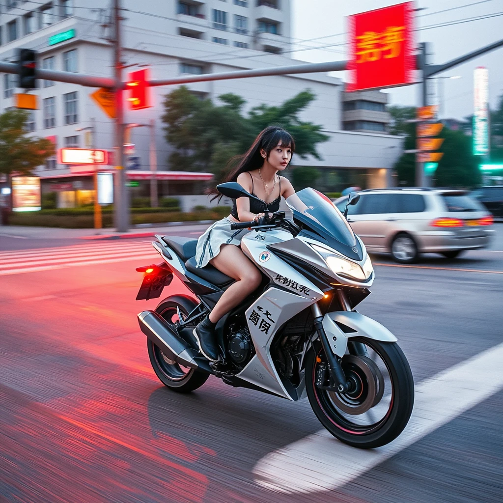 At the crossroads, there is a woman wearing a short skirt, riding a futuristic motorcycle at high speed, with Chinese characters or Japanese.