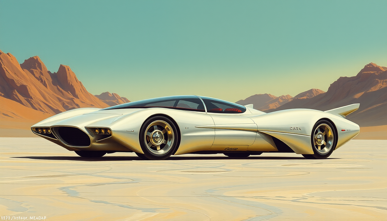 A futuristic exotic car concept, a painting by Syd Mead, 4k, detailed, circa 1970.