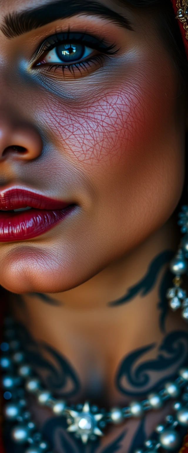 Close-up view of a tattooed neck of an Indian woman with beautiful facial features, blue eyes, wearing diamond ornaments.