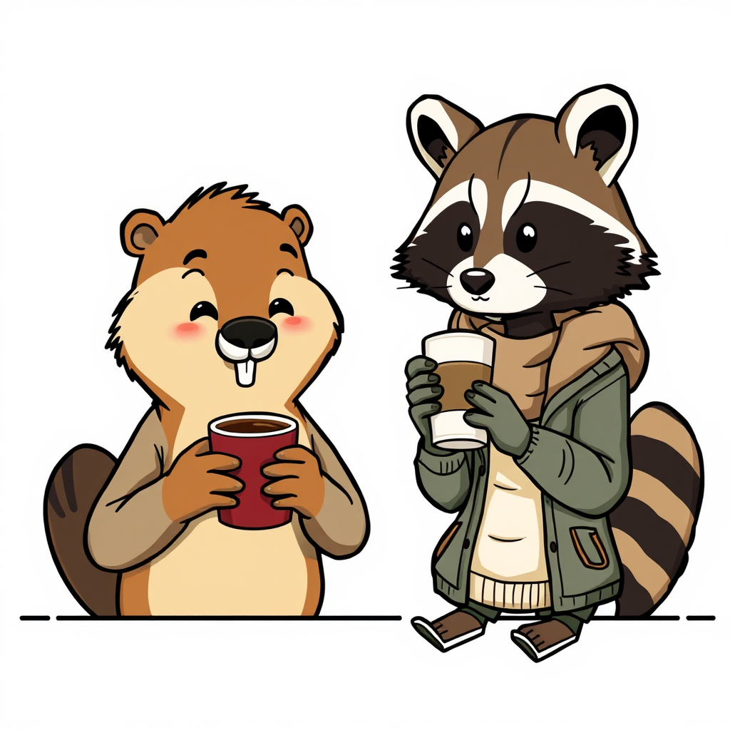 Cartoon guy beaver drinking coffee and girl raccoon, dressed in human clothes, drinking coffee. sticker style.