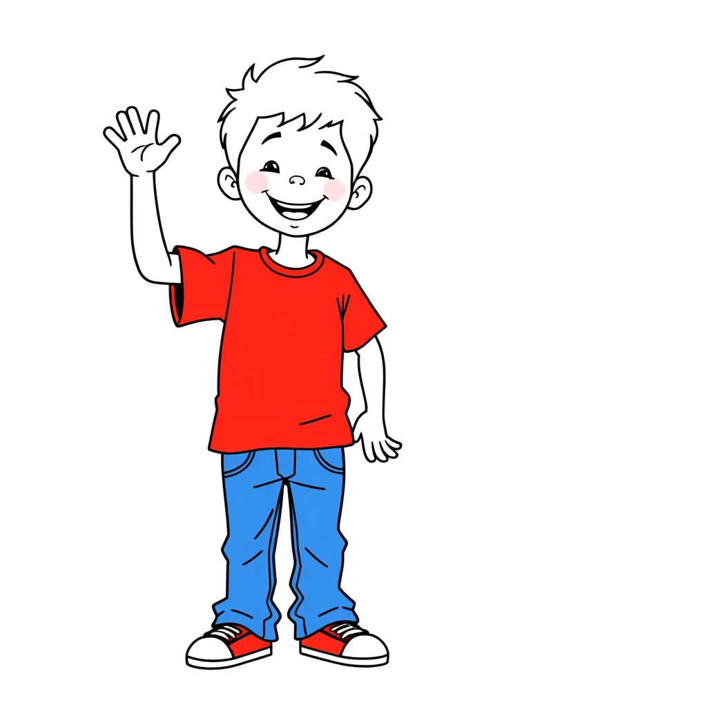 Draw a white boy in blue jeans and a red T-shirt smiling and waving with his right hand. - Image