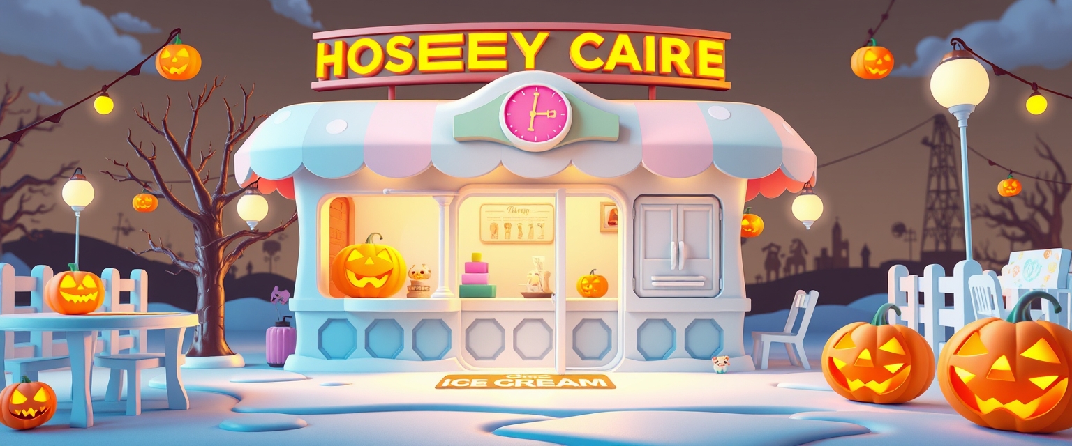 Ice cream parlor with jack-o'-lanterns, festive Halloween theme, 3D illustration