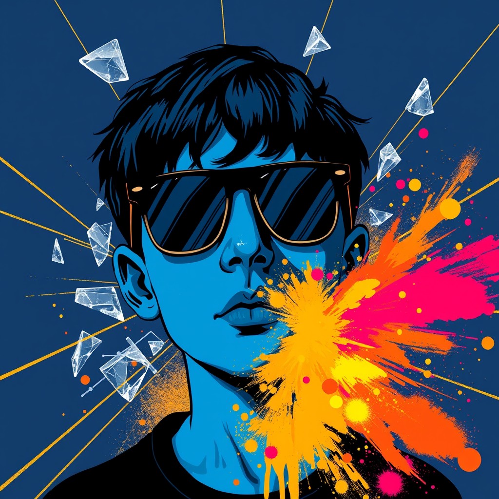 A boy with blue skin and an abstract broken face, wearing sunglasses, surrounded by glass breakage and gold lines in a dark blue background, a colorful explosion of powder spillage on his face. Illustration style, Andy Warhol style, Picasso style.