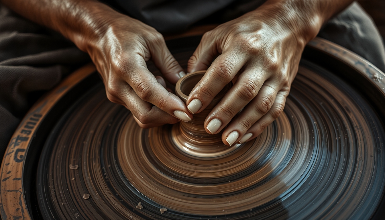 A close-up of a craftsman's hands meticulously shaping a piece of pottery on a spinning wheel, with earthy tones and rich textures.