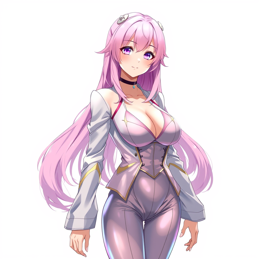 Anime art of a motherly woman, pink hair, fantasy clothes, large breasts, reflection on the suit, detailed body, standing, white background, stunning details, trending on ArtStation, anime artwork, anime cel shading.