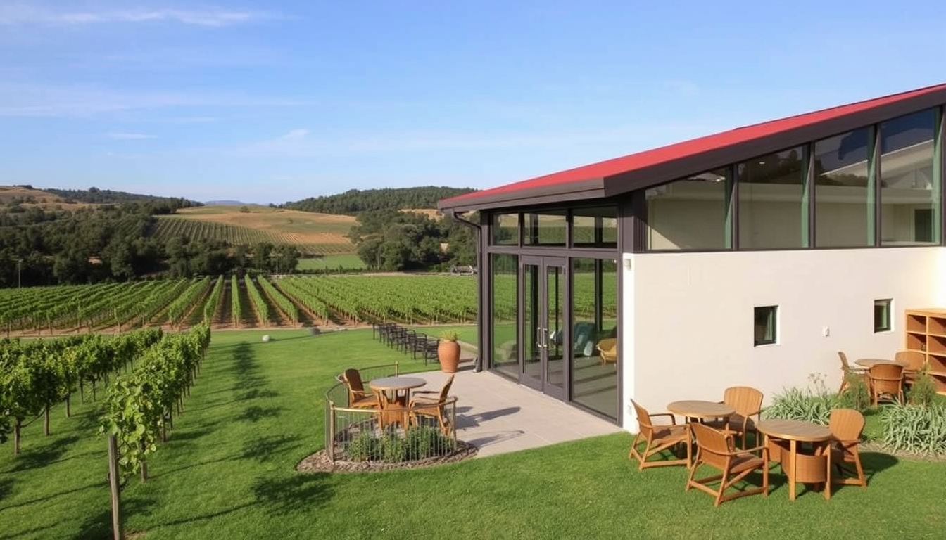 A picturesque vineyard with a glass-walled tasting room overlooking the grapevines.