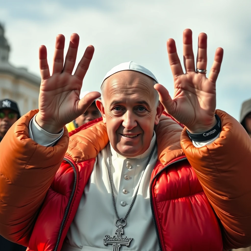 Catholic Pope Francis wearing a Balenciaga puffy jacket in a drill rap music video, throwing up gang signs with his hands, taken using a Canon EOS R camera with a 50mm f/1.8 lens, f/2.2 aperture, shutter speed 1/200s, ISO 100 and natural light, Full Body, Hyper Realistic Photography, Cinematic, Cinema, Hyperdetail, UHD, Color Correction, HDR, color grading, hyper-realistic. Keep the fingers of the hand count at 5. - Image