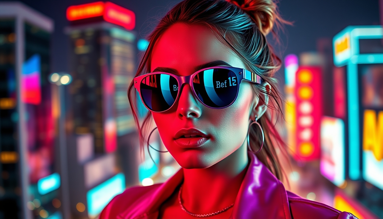 A stylized portrait of a young woman in 80s-inspired fashion, neon lights reflecting off her sunglasses, with a vibrant cityscape in the background. - Image