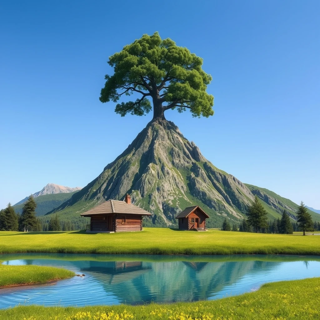 There is a mountain, at the foot of the mountain there is a small river, on the top of the mountain there is a big tree, and under the big tree there is a wooden house.