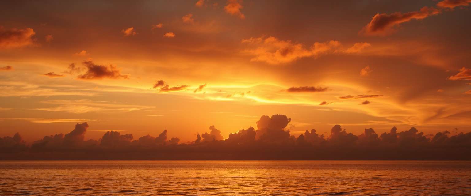 fiery sunset, clouds, high quality, photorealistic, evening sky, reflection, serene, seashells