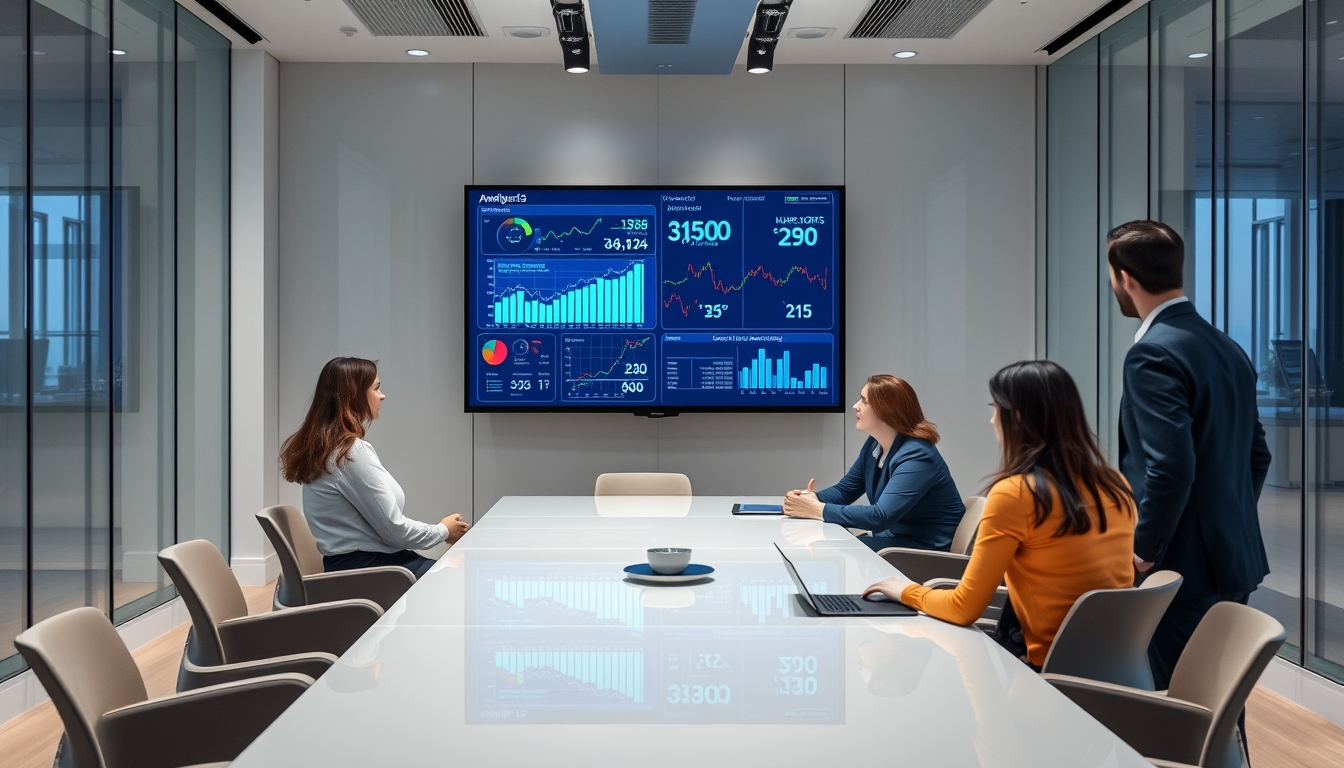 A sleek, modern office with a large digital screen displaying data analytics, surrounded by professionals engaged in discussion.