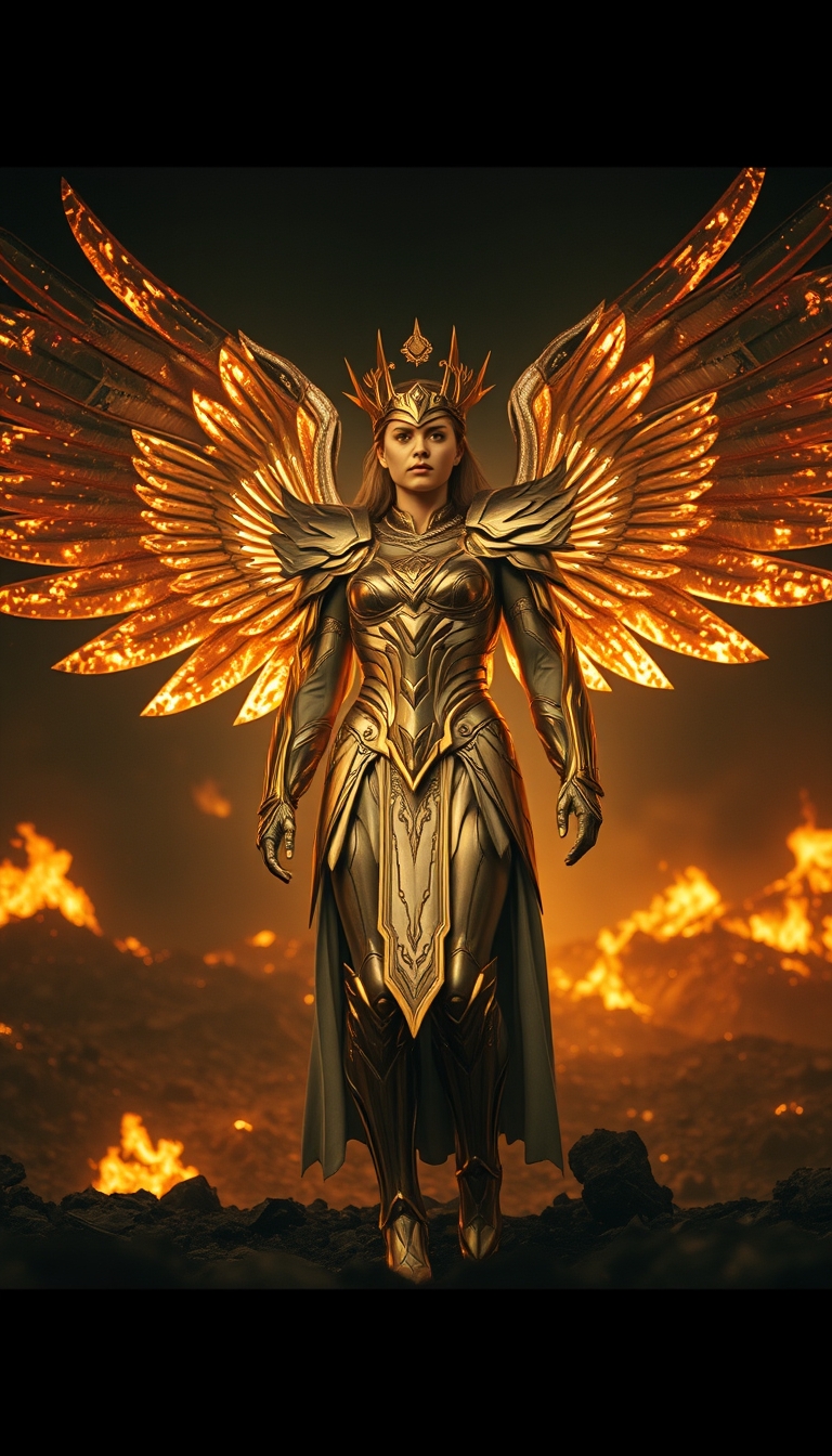 Cinematic shot of a female battle angel rising from ashes, golden regal Valkyrie armor, futuristic, standing on a battlefield, movie scene, film grain, realistic, shot from below, dark lighting. - Image