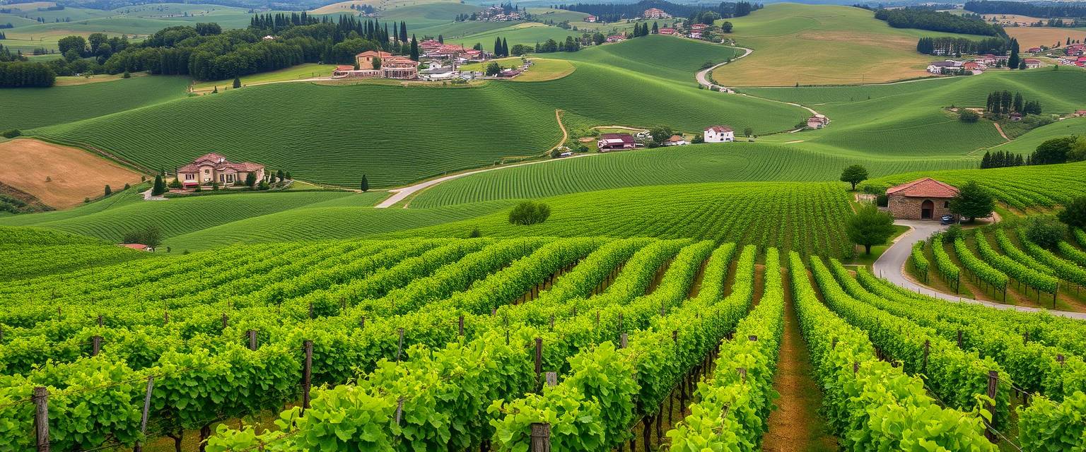 Green, rolling vineyards, grapevines, winemaking, high quality, photorealistic, rustic charm, scenic, harvest season, idyllic, countryside, panoramic, breathtaking::1.2 wine cellars, barrel aging, wine tasting, picturesque, countryside villas, grape harvest, winding roads.