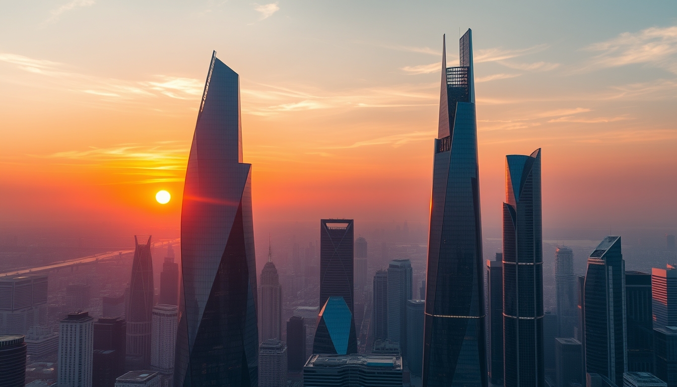 A futuristic cityscape with towering glass skyscrapers reflecting the sunset.