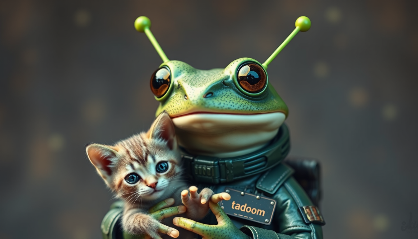 Vintage photo of an adorable cute green alien frog with two green antennas on its head, wearing a cyber suit with the text "tadoom" on a nametag, holding a green alien kitten with antennae, detailed vintage photograph.