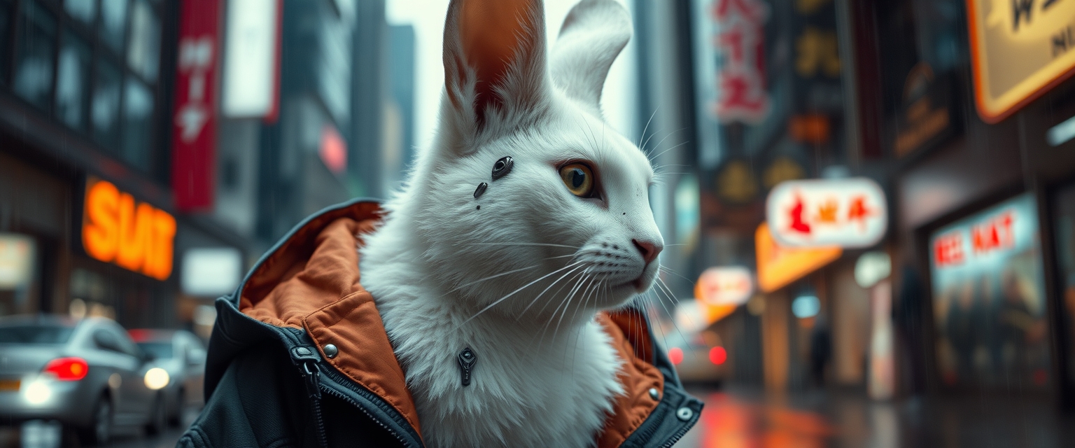 An adult white rabbit stands in a cyberpunk city, in the rain. He's wearing a cyberpunk style jacket. The cat has an augmentation on his right eye and a lot of scars. Cyberpunk implants are visible on the cat. A masterpiece, maximum detail, cinematography. - Image