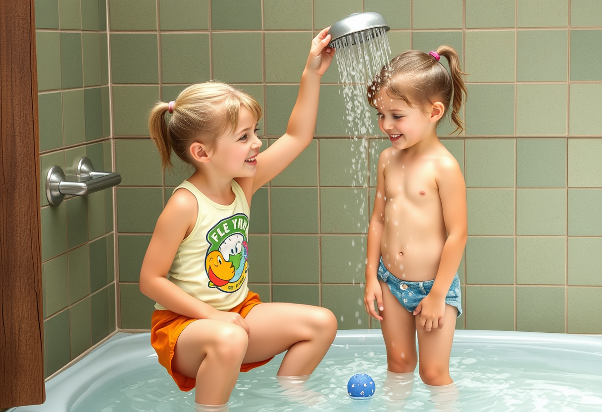 A summer camper creates an ensemble to entice her best friend when they take their post-activity shower.