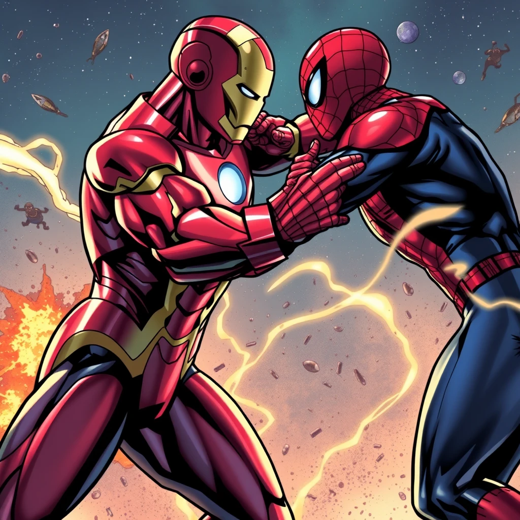 Iron Man arm wrestling Spider-Man. The backdrop of the multiverse.