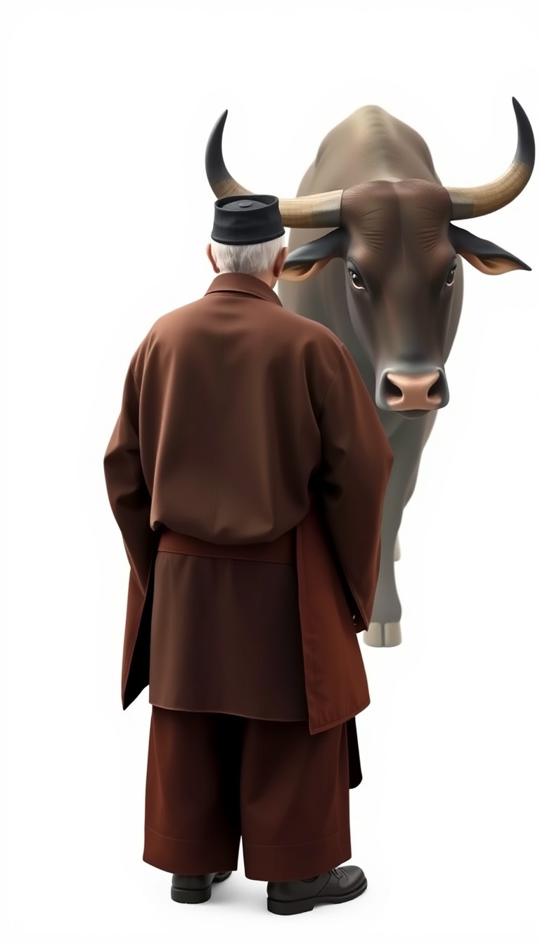 An elderly man in traditional Chinese clothing, facing a Chinese ox, depicted in a simple, minimalist style with a light white background.