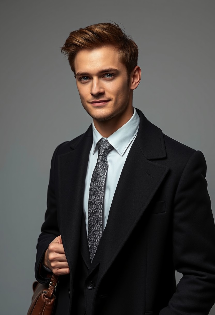 Jamie Dornan's head and body shot, handsome, young, shy smile, white shirt half buttoned, grey patterned tie, black coat suit, leather shoes, leather bag, hyper-realistic, studio photography, full body photography.