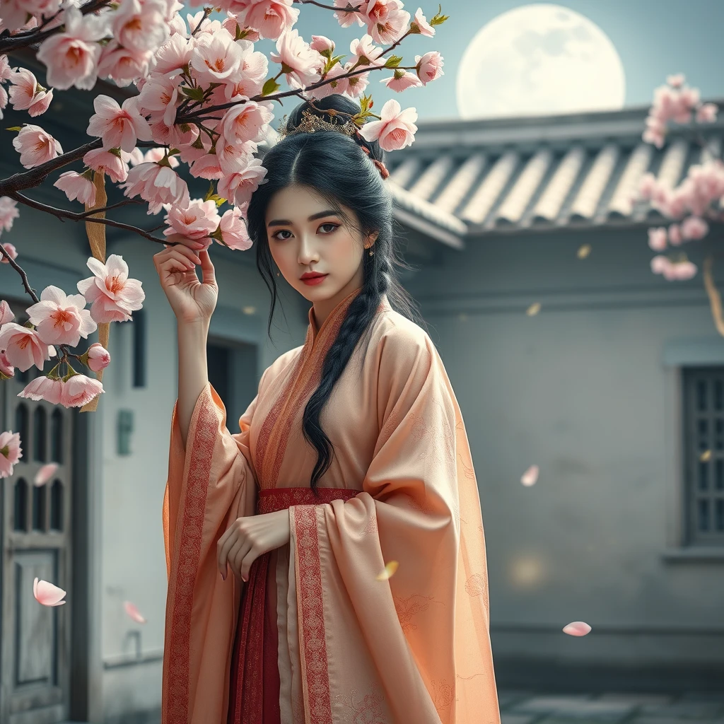 A woman dressed in exquisite ancient attire stands in an old courtyard, her hand resting on a blooming peach blossom tree, with petals falling gently around her. There is a hint of sadness in her eyes, and in the background, a bright full moon casts its light on her figure, while several fireflies dance around her. - Image