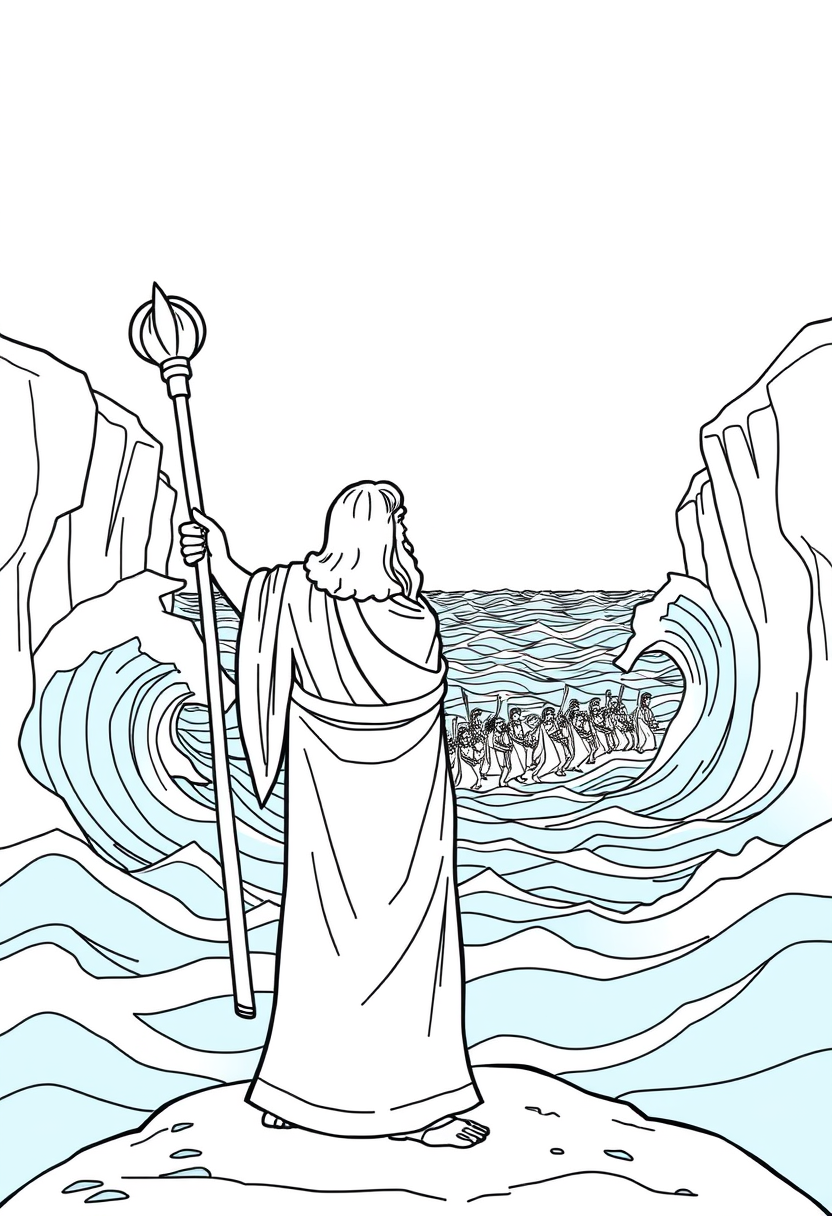 Depict Moses standing with his staff raised, as the Red Sea parts, with walls of water on either side and the Israelites crossing. A coloring book page, cartoon style, thick lines, low details, no shading. - Image