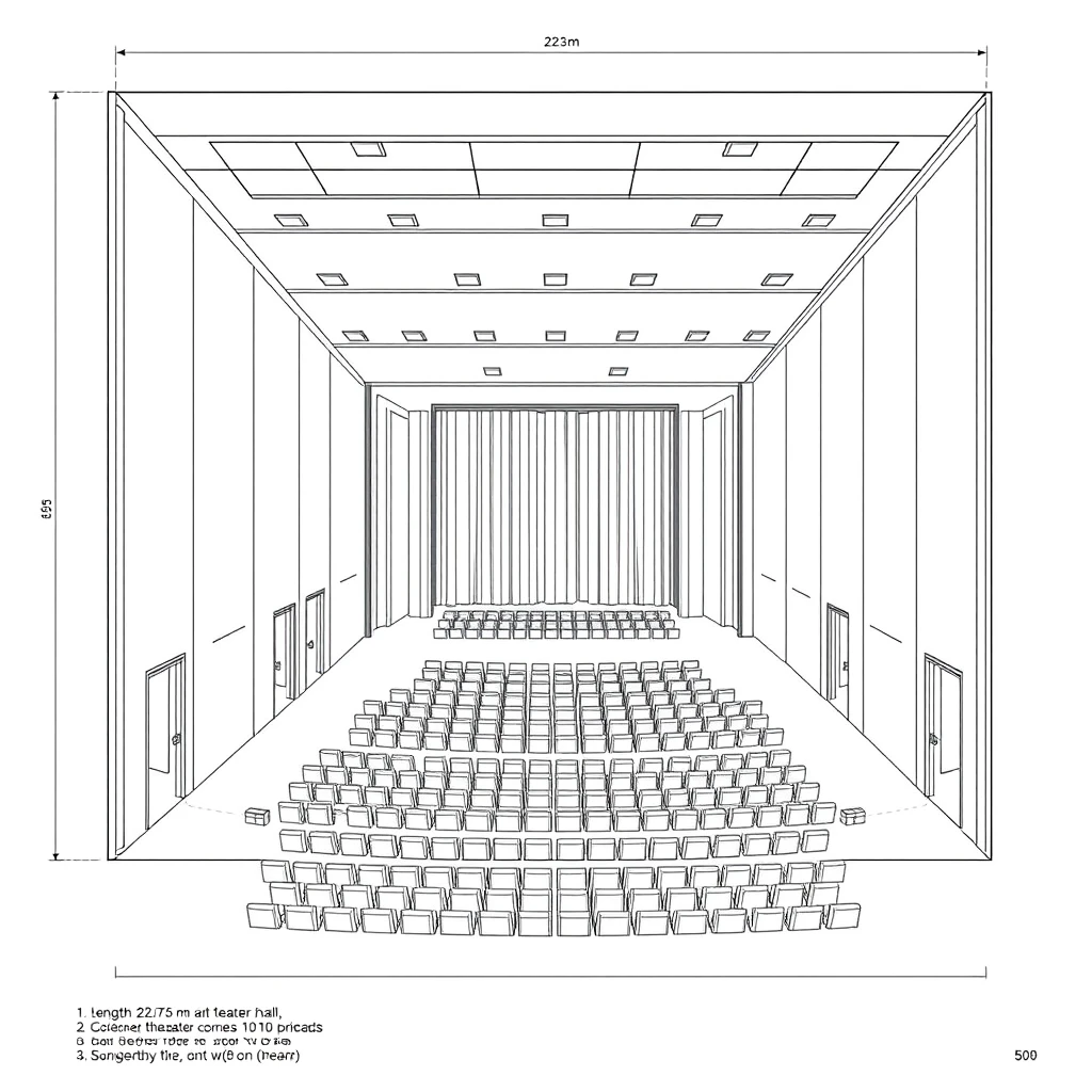 Technical drawing style...
Plan drawing of a rectangular theater hall, length 22.75 meters, width 10.10 meters, with 150 seats, two rows of armchairs, with a stage 10.10 meters wide and 5 meters deep, with 3 exit doors on each side, including dimensions of all architectural measures.