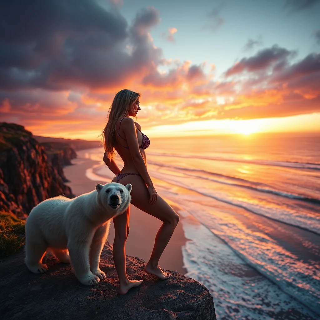 Stunning blonde in a bikini on a cliff overlooking a beach sunset, cinematic with a polar bear.