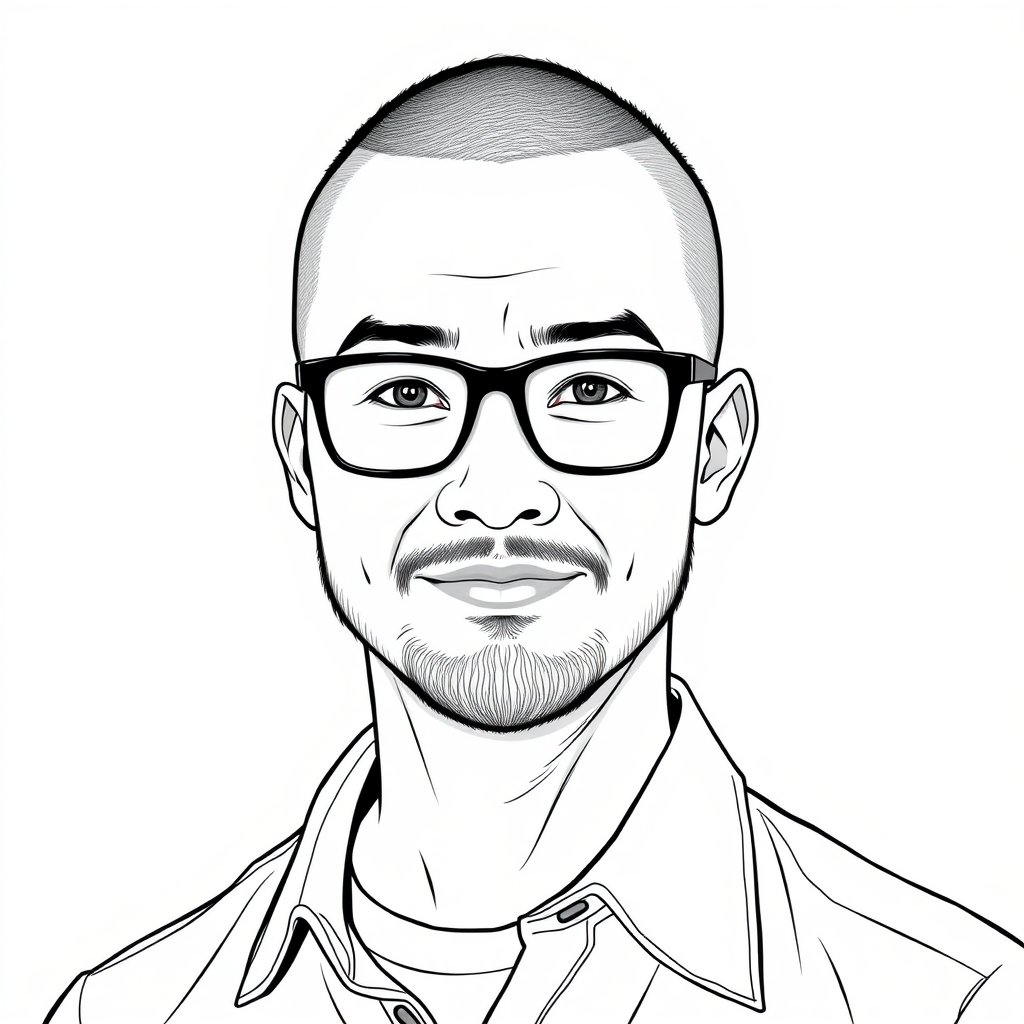 A cool black-and-white line drawing of a man around 35 years old, with a buzz cut, Asian descent, wearing black-framed glasses for nearsightedness, a slightly short beard on his chin, in a shirt, with a full face, clean and fresh skin, and a slightly chubby physique. - Image