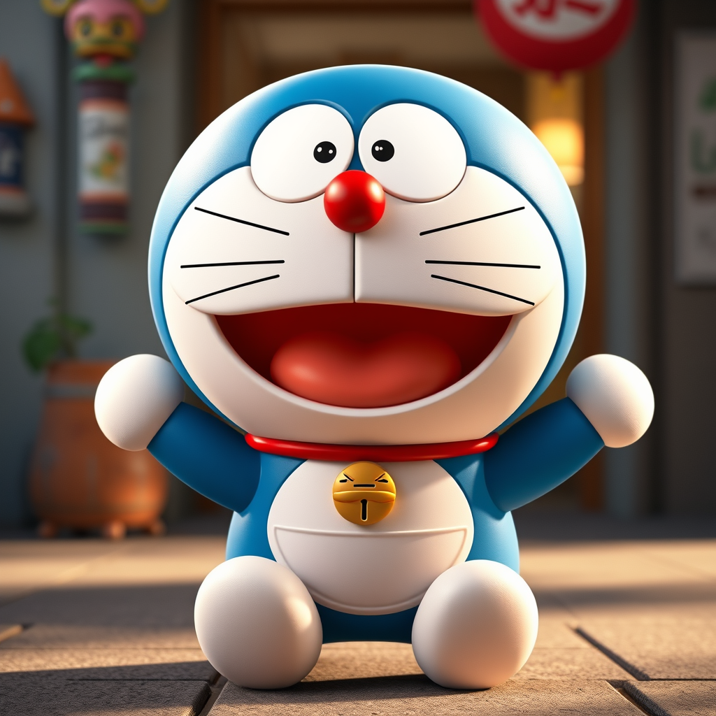 Doraemon in Pixar style, cute and expressive, 3D, hyper-realistic camera style, lifelike details, high-resolution texture, vivid colors, sharp focus, natural lighting, photorealistic quality, cinematic depth of field, true-to-life portrayal.