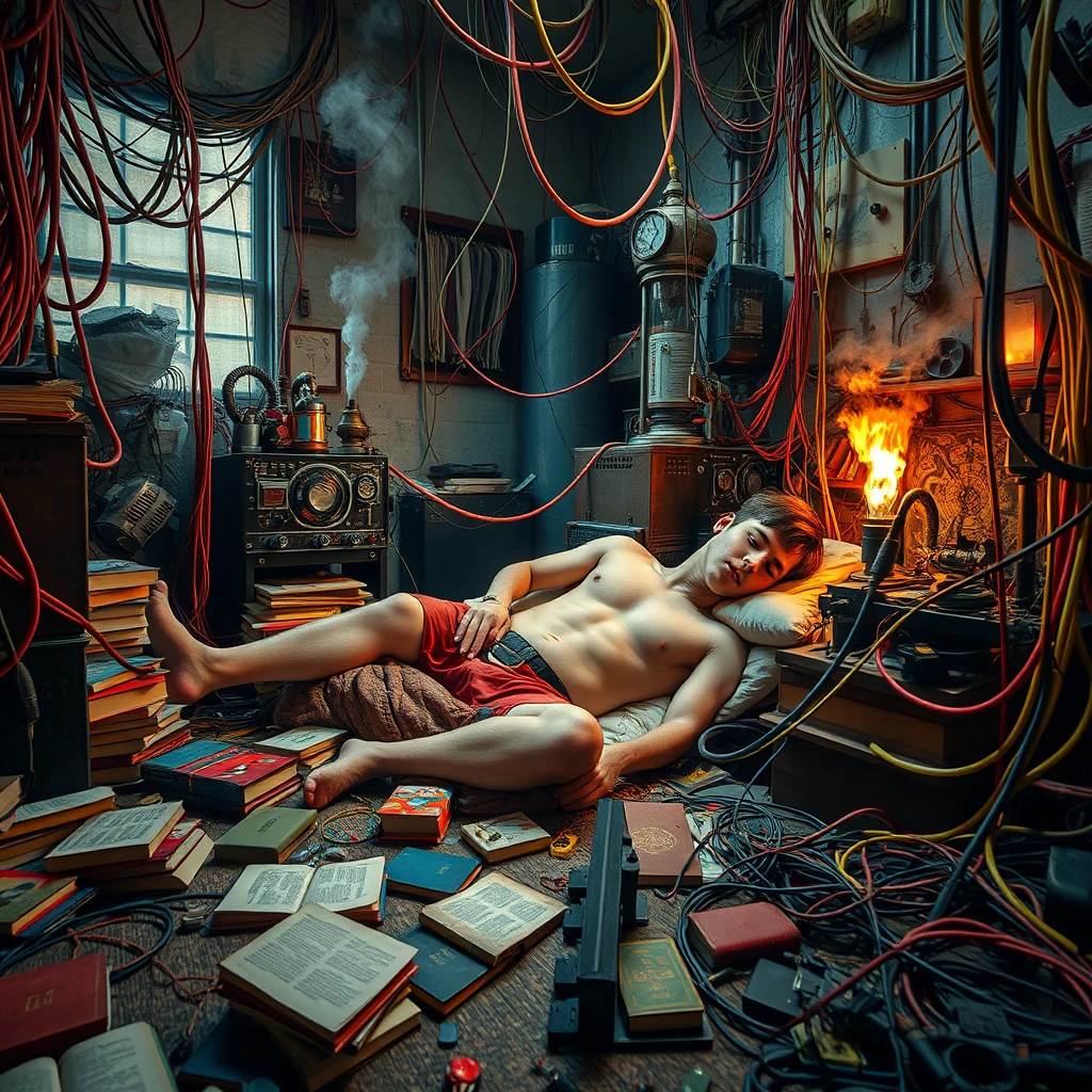 A real-life photograph, wide shot, of a handsome teen with a good physique sleeping in the corner of a room. The room has some books scattered messily, and many wires of varying thicknesses are on the floor and in the air, including red, blue, yellow, and other colors. Additionally, there are some machines emitting steam and fire. The lighting is dim, and there are some plants.