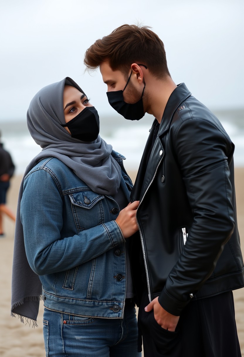 Jamie Dornan's head and body shot, handsome, black face mask, denim jacket, jeans, dating, love couple, joking, with the biggest grey hijab Muslim girl, black face mask, beautiful eyes, black leather jacket, biggest skirt, at the beach, hyper-realistic, street photography.