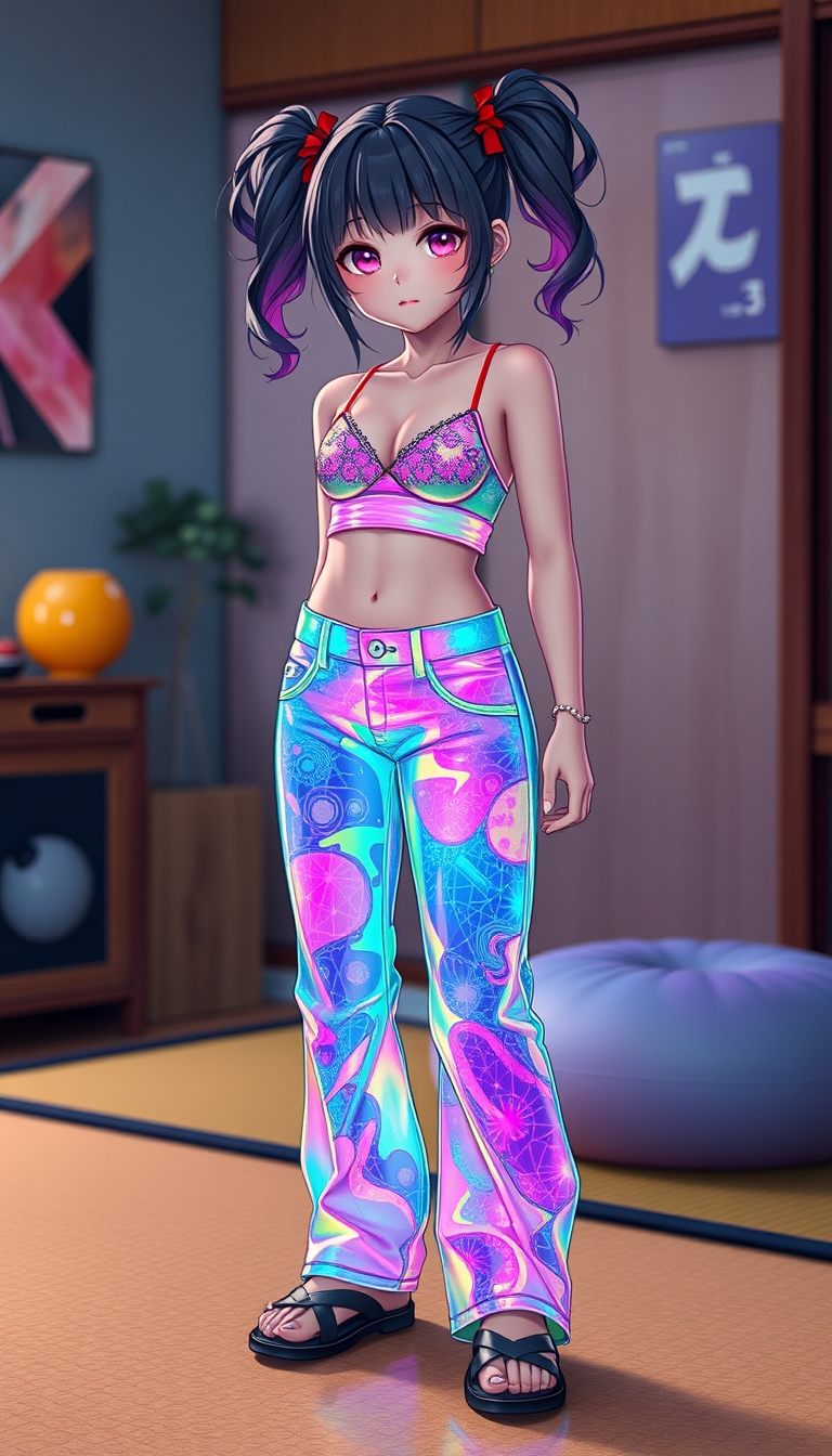 Hyperrealism cute kawaii anime girl, psychedelic, wearing colorful glowing transparent liquid water metal jeans and top, in a tatami studio --ar 4:5 --style raw. - Image