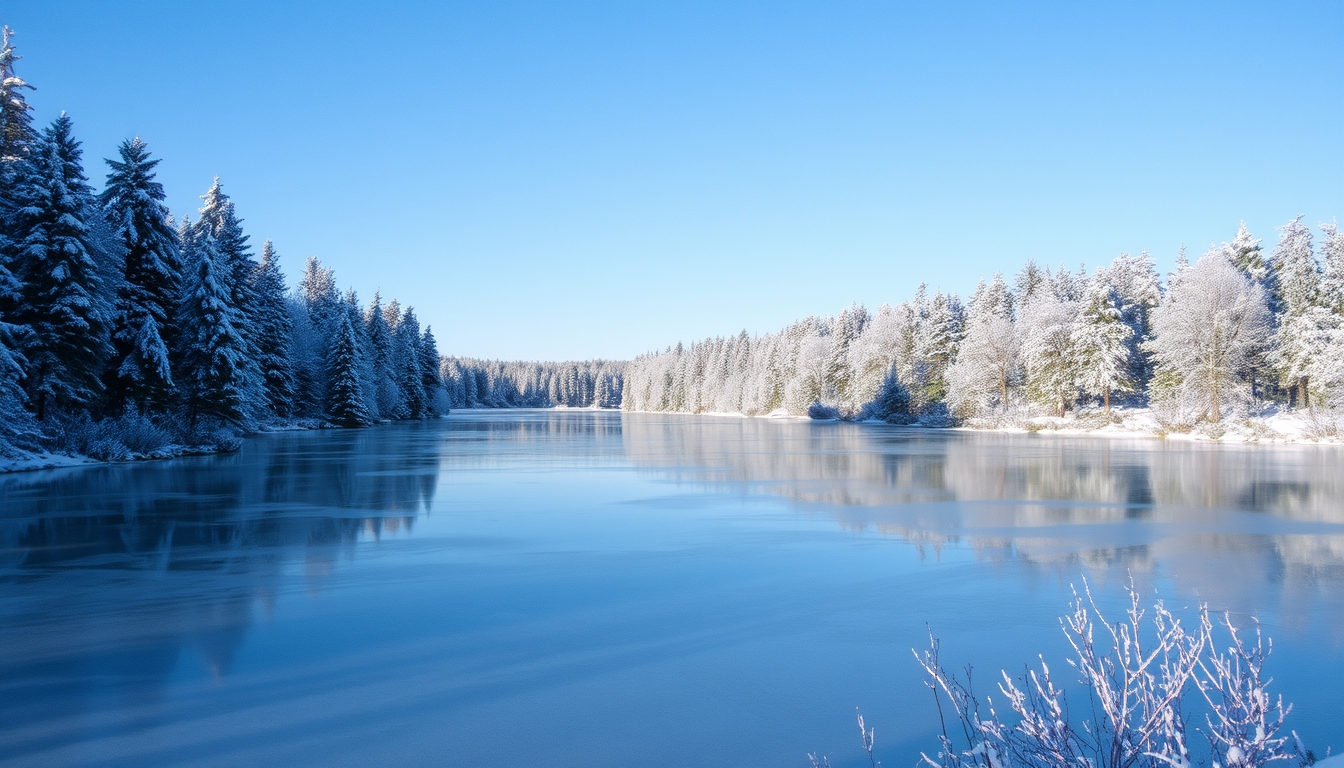 A picturesque winter scene with a glassy frozen lake surrounded by snow-covered trees.