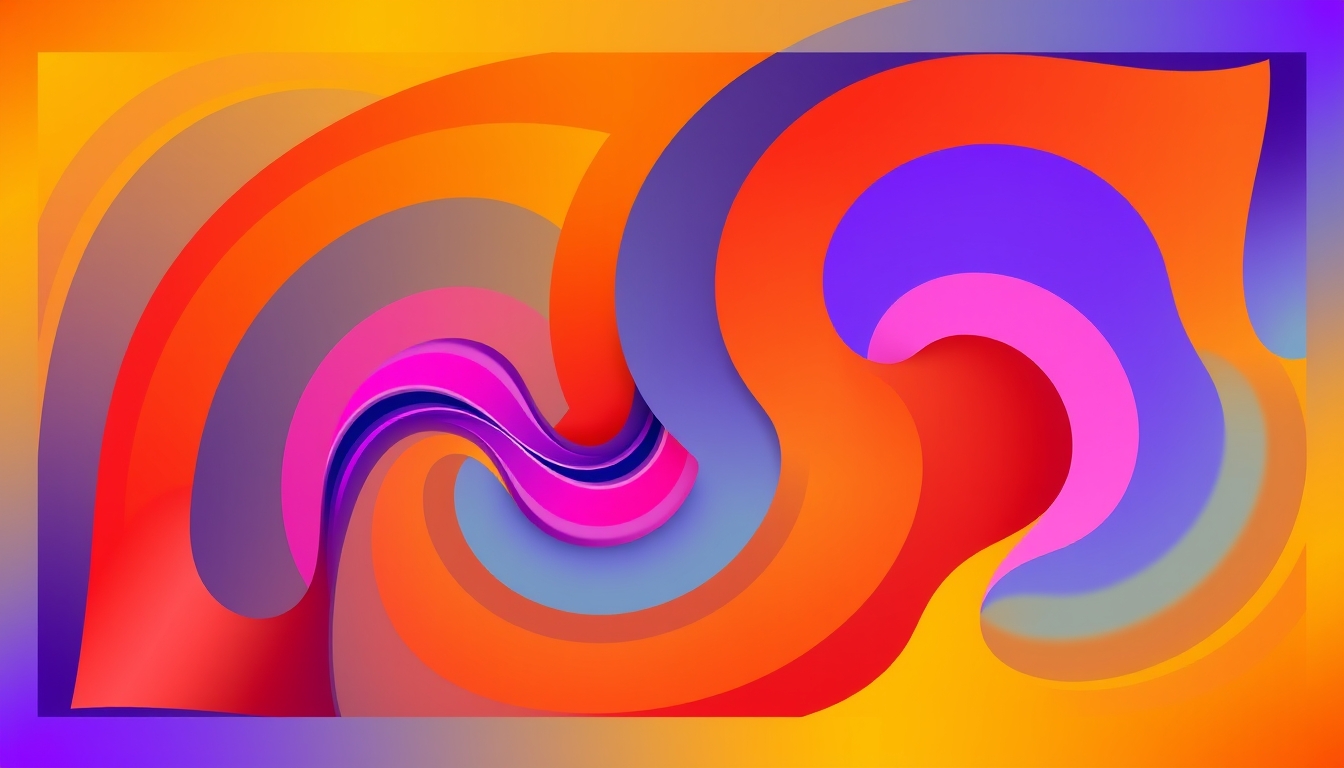 A high-resolution digital artwork with bold geometric shapes in vibrant colors, blending seamlessly with fluid gradients, creating a dynamic visual effect. - Image