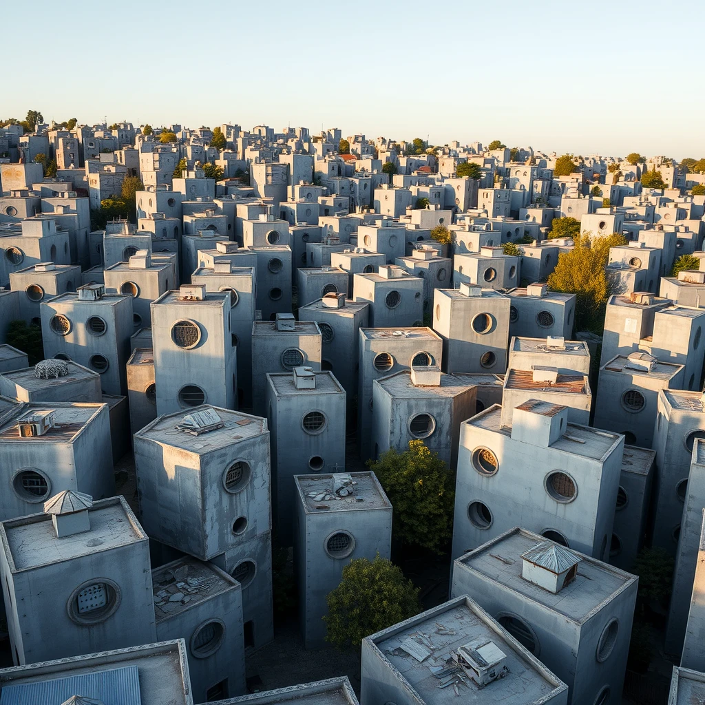 A town where all buildings are grey cubes with circular windows. - Image