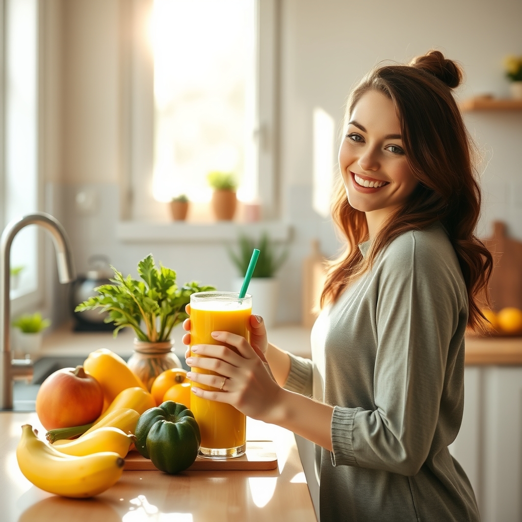 Happy young woman preparing a healthy smoothie in a bright kitchen reflecting the energy and freshness of a sunny morning.