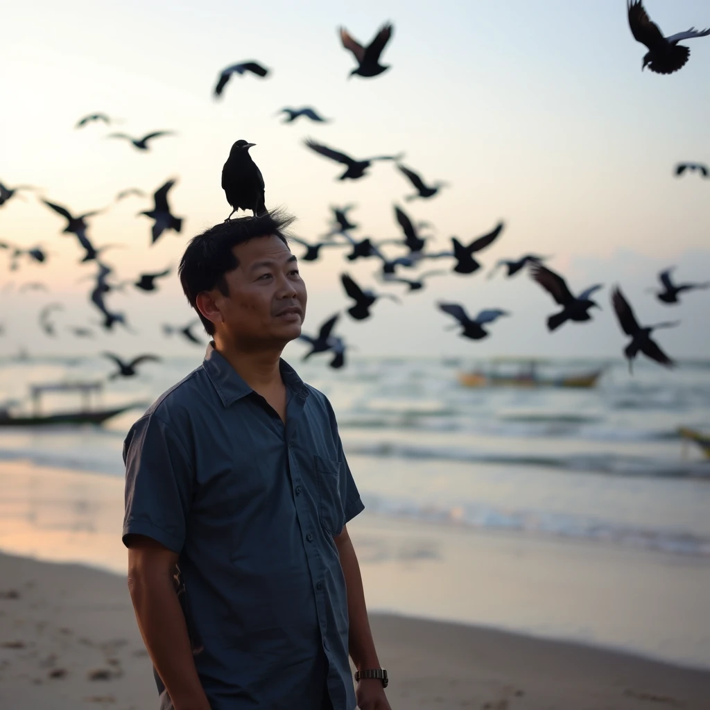 At the beach in Sri Lanka, in the evening, a Chinese man in his 30s stood on the beach, looking into the distance, a flock of crows flew over his head, and there were a few fishing boats on the sea. I want a picture with a size of 1920*1080.