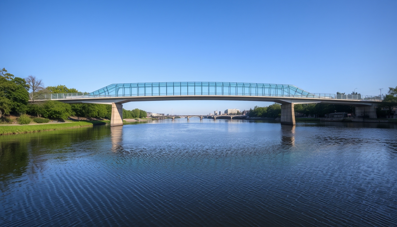 A serene river scene with a glass-bottomed bridge crossing over it.