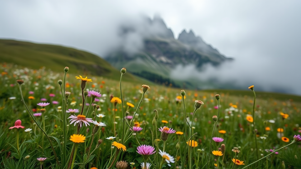 a field of wildflowers in front of a mountain with fog in the background, by Giuseppe Camuncoli, a macro photograph, dolomites, mythical floral hills, meadow with flowers, gentle mists, meadow, vast lush valley flowers