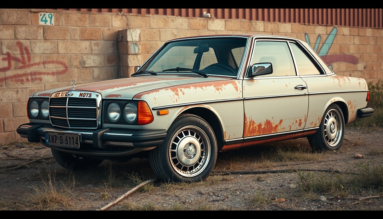 Rusty 124 Mercedes with big chrome rims, old grain photo style. - Image