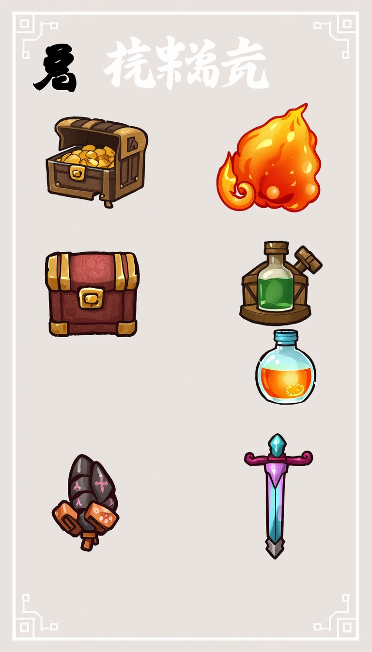 Design a set of game feature icons that blend Chinese ancient style with realism, ensuring the icons are clear and detailed in 8K resolution. Use a colorful ink wash painting style with detailed coloring, hand-drawn bold outlines, and a cute graphic novel aesthetic. Include icons for a treasure chest, backpack, potion bottle, elixir, and sword.