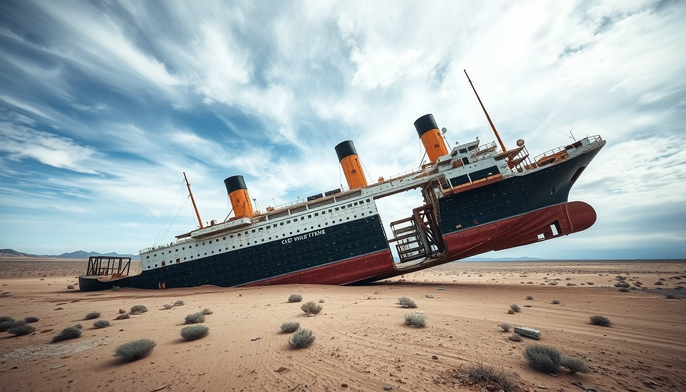 The Titanic, broken into two parts, leans in the desert, abandoned for over a hundred years, rusty and decayed. Viewed from a high angle, directly downward. - Image