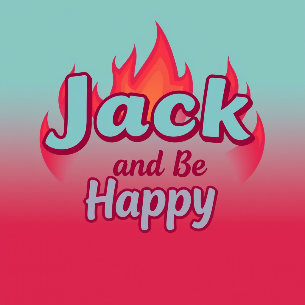 A tee shirt design of happy, vibrant, and deep red colors, with light blue and burning embers as beautiful contrasts with the text: "Jack and Be Happy". - Image