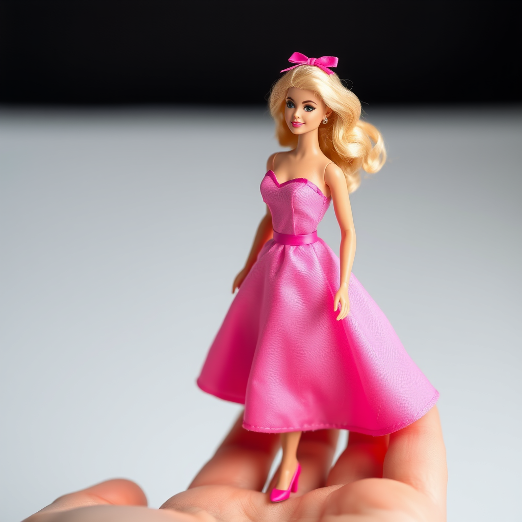 miniature barbie doll on hand, pink dress