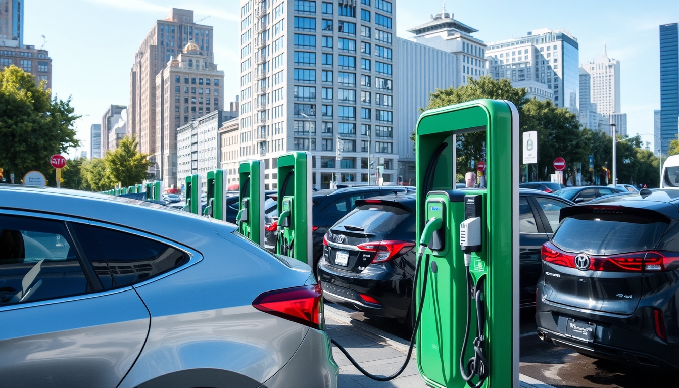 Electric car charging stations in a busy city, representing clean transportation.