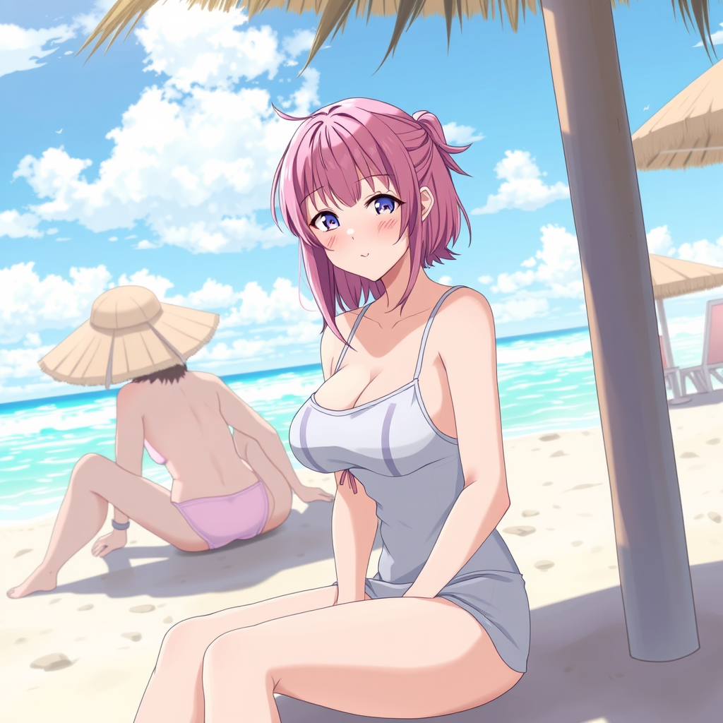 Anime art of a motherly woman, pink hair, school swimsuit, detailed scene, sitting at beach, stunning details, trending on ArtStation, anime artwork, anime cel shading, detailed soft shadows.