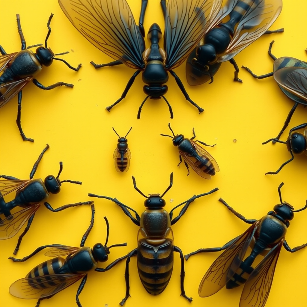 A typo "I" made of insects, yellow background, realistic photograph. - Image